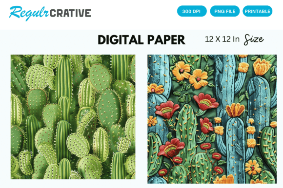 Cactus Embroidery Seamless Digital Paper