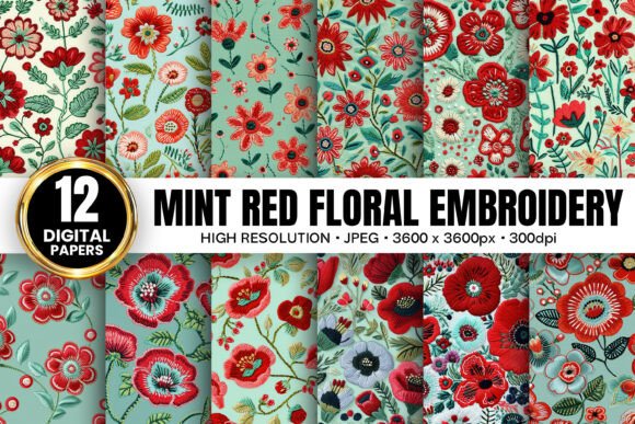 Mint Red Flowers Embroidery Patterns