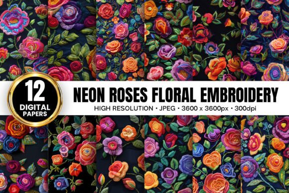 Neon Roses Floral Embroidery Patterns