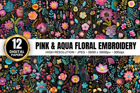 Pink Aqua Flowers Embroidery Patterns