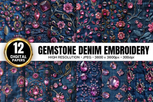 Pink Gemstones Denim Embroidery Patterns